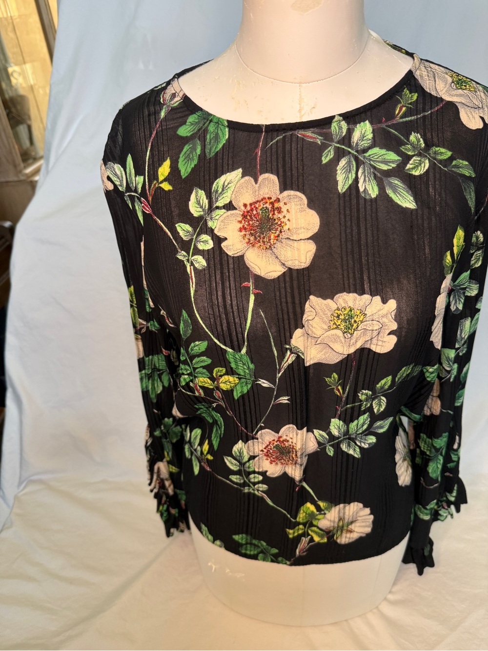 H&M Black Floral Pleated Flutter Long-Sleeve Blouse